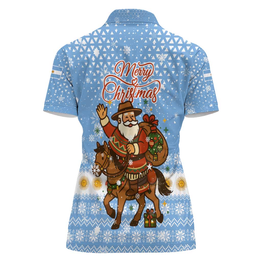 Argentina Christmas Women Polo Shirt with Blue-White Snowflake Pattern, Sun Emblem, and Gaucho Santa Riding Horse Motif - Wonder Print Shop