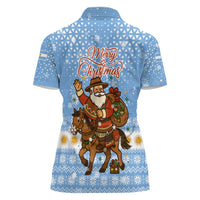 Argentina Christmas Women Polo Shirt with Blue-White Snowflake Pattern, Sun Emblem, and Gaucho Santa Riding Horse Motif - Wonder Print Shop