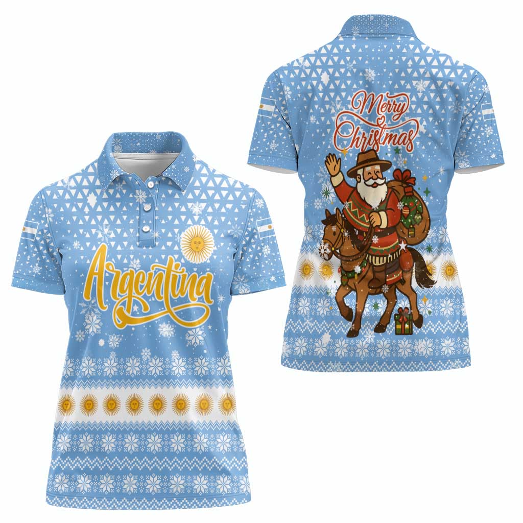 Argentina Christmas Women Polo Shirt with Blue-White Snowflake Pattern, Sun Emblem, and Gaucho Santa Riding Horse Motif - Wonder Print Shop