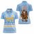 Argentina Christmas Women Polo Shirt with Blue-White Snowflake Pattern, Sun Emblem, and Gaucho Santa Riding Horse Motif - Wonder Print Shop