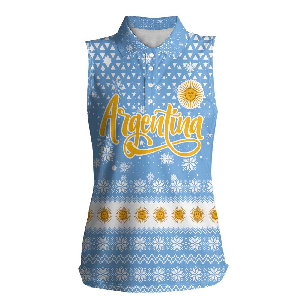 Argentina Christmas Women Sleeveless Polo Shirt with Blue-White Snowflake Pattern, Sun Emblem, and Gaucho Santa Riding Horse Motif - Wonder Print Shop
