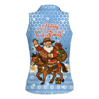 Argentina Christmas Women Sleeveless Polo Shirt with Blue-White Snowflake Pattern, Sun Emblem, and Gaucho Santa Riding Horse Motif - Wonder Print Shop