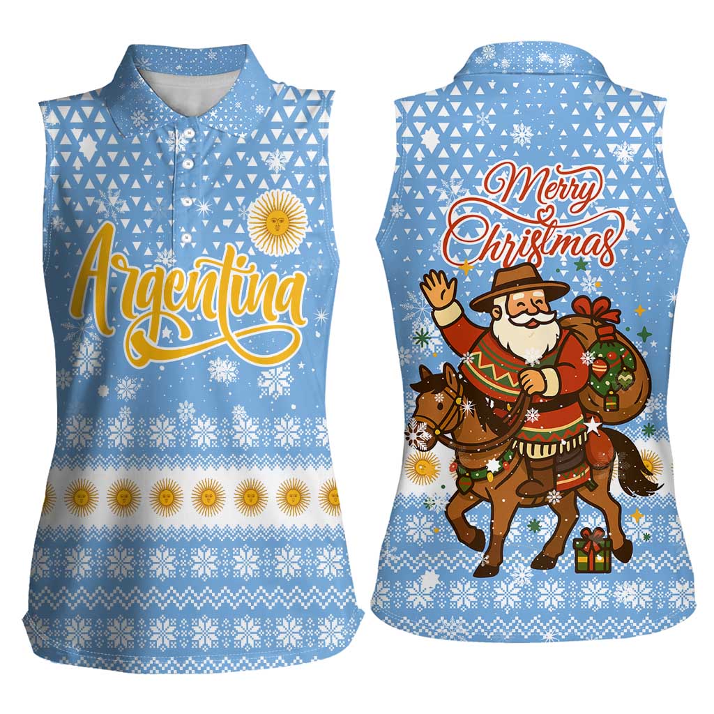 Argentina Christmas Women Sleeveless Polo Shirt with Blue-White Snowflake Pattern, Sun Emblem, and Gaucho Santa Riding Horse Motif - Wonder Print Shop
