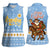 Argentina Christmas Women Sleeveless Polo Shirt with Blue-White Snowflake Pattern, Sun Emblem, and Gaucho Santa Riding Horse Motif - Wonder Print Shop