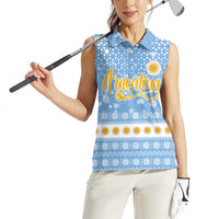 Argentina Christmas Women Sleeveless Polo Shirt with Blue-White Snowflake Pattern, Sun Emblem, and Gaucho Santa Riding Horse Motif - Wonder Print Shop