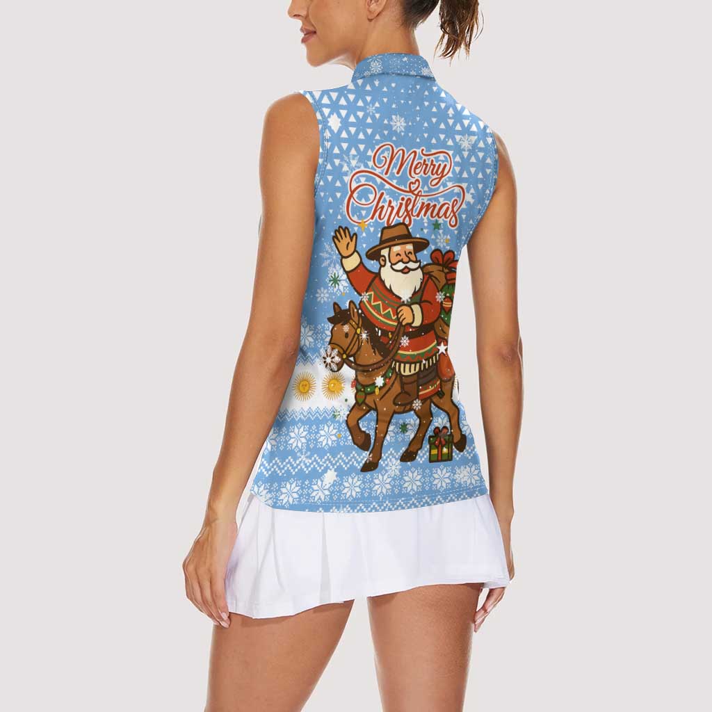 Argentina Christmas Women Sleeveless Polo Shirt with Blue-White Snowflake Pattern, Sun Emblem, and Gaucho Santa Riding Horse Motif - Wonder Print Shop
