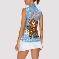Argentina Christmas Women Sleeveless Polo Shirt with Blue-White Snowflake Pattern, Sun Emblem, and Gaucho Santa Riding Horse Motif - Wonder Print Shop