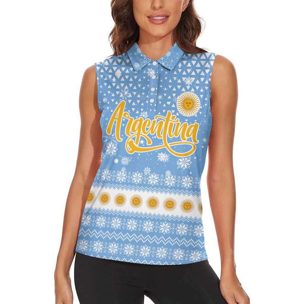 Argentina Christmas Women Sleeveless Polo Shirt with Blue-White Snowflake Pattern, Sun Emblem, and Gaucho Santa Riding Horse Motif - Wonder Print Shop