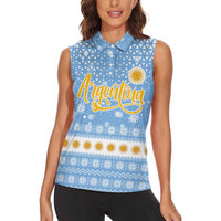 Argentina Christmas Women Sleeveless Polo Shirt with Blue-White Snowflake Pattern, Sun Emblem, and Gaucho Santa Riding Horse Motif - Wonder Print Shop