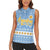 Argentina Christmas Women Sleeveless Polo Shirt with Blue-White Snowflake Pattern, Sun Emblem, and Gaucho Santa Riding Horse Motif - Wonder Print Shop