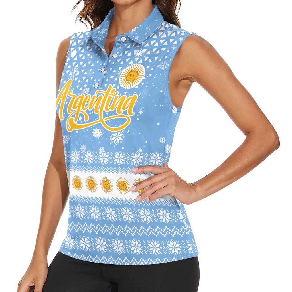 Argentina Christmas Women Sleeveless Polo Shirt with Blue-White Snowflake Pattern, Sun Emblem, and Gaucho Santa Riding Horse Motif - Wonder Print Shop