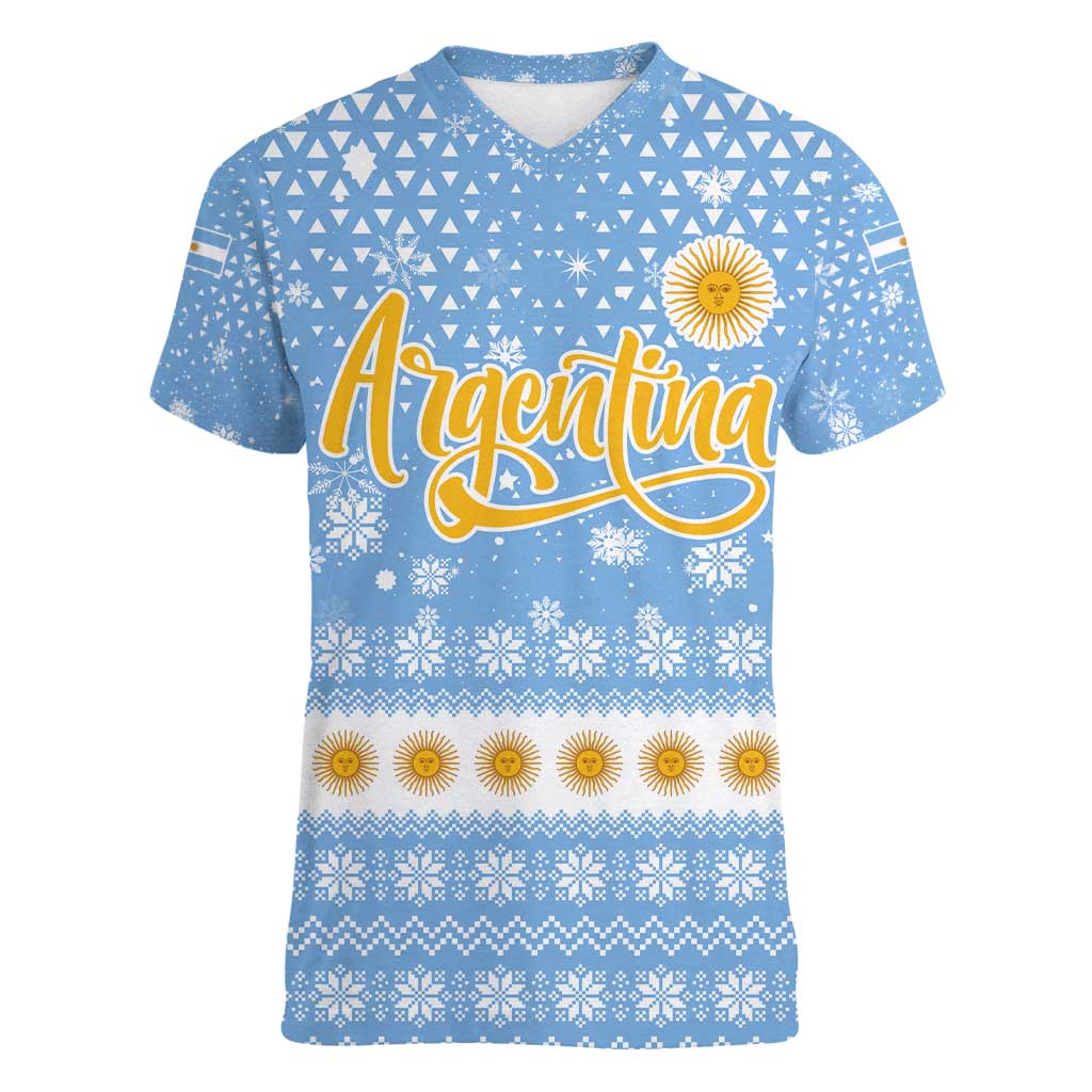 Argentina Christmas Women V-Neck T-Shirt with Blue-White Snowflake Pattern, Sun Emblem, and Gaucho Santa Riding Horse Motif - Wonder Print Shop