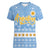 Argentina Christmas Women V-Neck T-Shirt with Blue-White Snowflake Pattern, Sun Emblem, and Gaucho Santa Riding Horse Motif - Wonder Print Shop