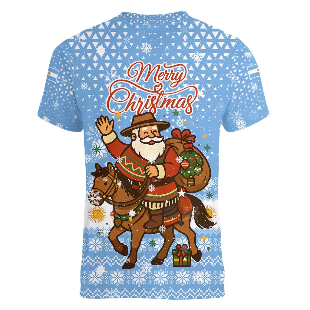 Argentina Christmas Women V-Neck T-Shirt with Blue-White Snowflake Pattern, Sun Emblem, and Gaucho Santa Riding Horse Motif - Wonder Print Shop