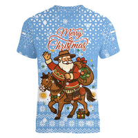 Argentina Christmas Women V-Neck T-Shirt with Blue-White Snowflake Pattern, Sun Emblem, and Gaucho Santa Riding Horse Motif - Wonder Print Shop