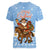 Argentina Christmas Women V-Neck T-Shirt with Blue-White Snowflake Pattern, Sun Emblem, and Gaucho Santa Riding Horse Motif - Wonder Print Shop