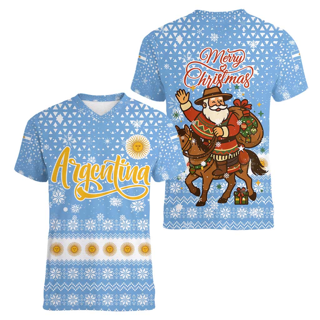 Argentina Christmas Women V-Neck T-Shirt with Blue-White Snowflake Pattern, Sun Emblem, and Gaucho Santa Riding Horse Motif - Wonder Print Shop