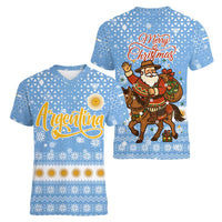 Argentina Christmas Women V-Neck T-Shirt with Blue-White Snowflake Pattern, Sun Emblem, and Gaucho Santa Riding Horse Motif - Wonder Print Shop