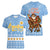 Argentina Christmas Women V-Neck T-Shirt with Blue-White Snowflake Pattern, Sun Emblem, and Gaucho Santa Riding Horse Motif - Wonder Print Shop