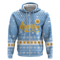 Argentina Christmas Zip Hoodie with Blue-White Snowflake Pattern, Sun Emblem, and Gaucho Santa Riding Horse Motif - Wonder Print Shop