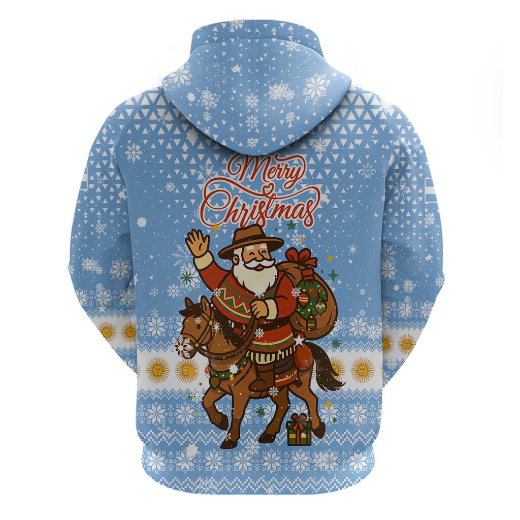 Argentina Christmas Zip Hoodie with Blue-White Snowflake Pattern, Sun Emblem, and Gaucho Santa Riding Horse Motif - Wonder Print Shop