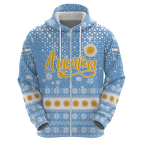 Argentina Christmas Zip Hoodie with Blue-White Snowflake Pattern, Sun Emblem, and Gaucho Santa Riding Horse Motif - Wonder Print Shop