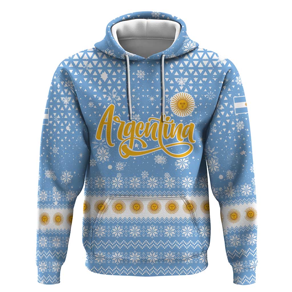 Argentina Christmas Zip Hoodie with Blue-White Snowflake Pattern, Sun Emblem, and Gaucho Santa Riding Horse Motif - Wonder Print Shop
