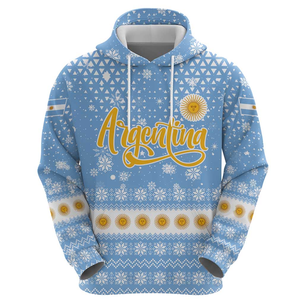 Argentina Christmas Zip Hoodie with Blue-White Snowflake Pattern, Sun Emblem, and Gaucho Santa Riding Horse Motif - Wonder Print Shop