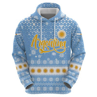 Argentina Christmas Zip Hoodie with Blue-White Snowflake Pattern, Sun Emblem, and Gaucho Santa Riding Horse Motif - Wonder Print Shop