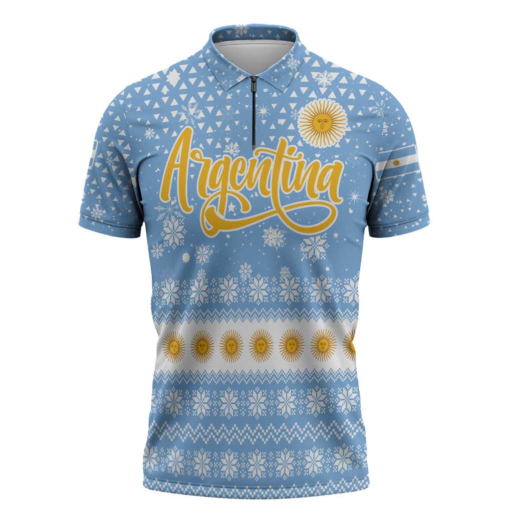 Argentina Christmas Zipper Polo Shirt with Blue-White Snowflake Pattern, Sun Emblem, and Gaucho Santa Riding Horse Motif - Wonder Print Shop