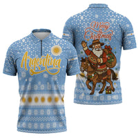 Argentina Christmas Zipper Polo Shirt with Blue-White Snowflake Pattern, Sun Emblem, and Gaucho Santa Riding Horse Motif - Wonder Print Shop