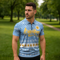 Argentina Christmas Zipper Polo Shirt with Blue-White Snowflake Pattern, Sun Emblem, and Gaucho Santa Riding Horse Motif - Wonder Print Shop