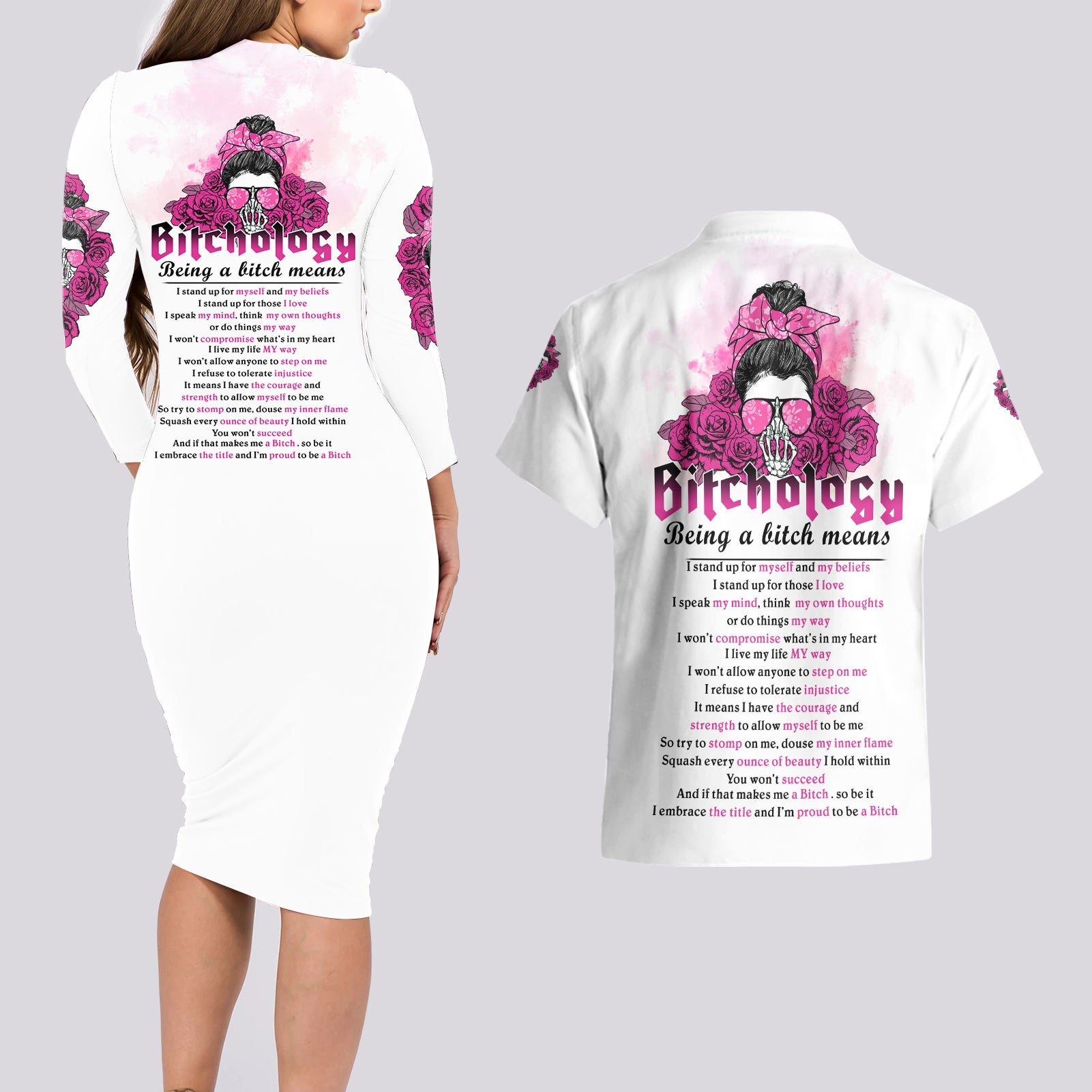 Bitchology Being A Bitch Means Couples Matching Long Sleeve Bodycon Dress and Hawaiian Shirt - Wonder Print Shop