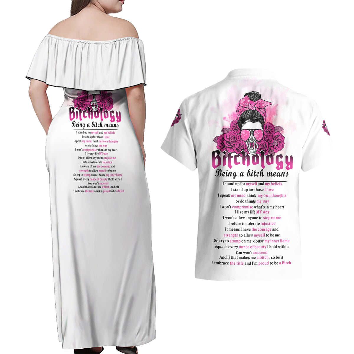 Bitchology Being A Bitch Means Couples Matching Off Shoulder Maxi Dress and Hawaiian Shirt - Wonder Print Shop
