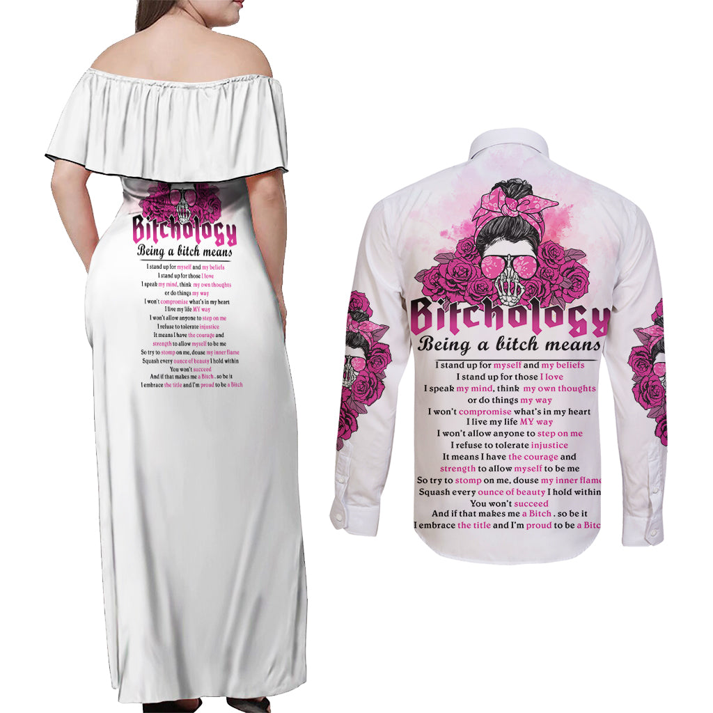 Bitchology Being A Bitch Means Couples Matching Off Shoulder Maxi Dress and Long Sleeve Button Shirt - Wonder Print Shop