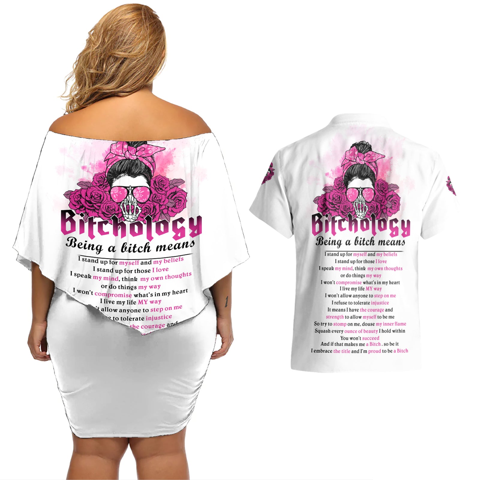 Bitchology Being A Bitch Means Couples Matching Off Shoulder Short Dress and Hawaiian Shirt - Wonder Print Shop