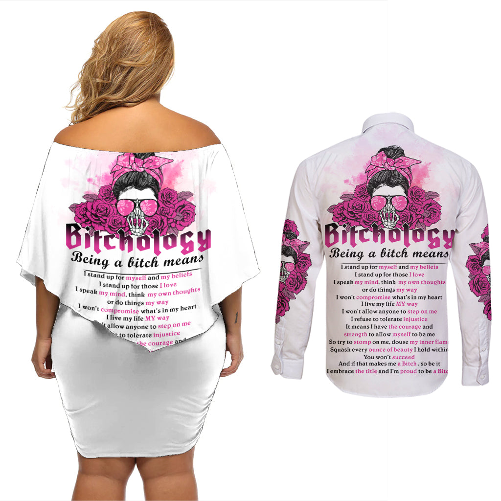 Bitchology Being A Bitch Means Couples Matching Off Shoulder Short Dress and Long Sleeve Button Shirt - Wonder Print Shop