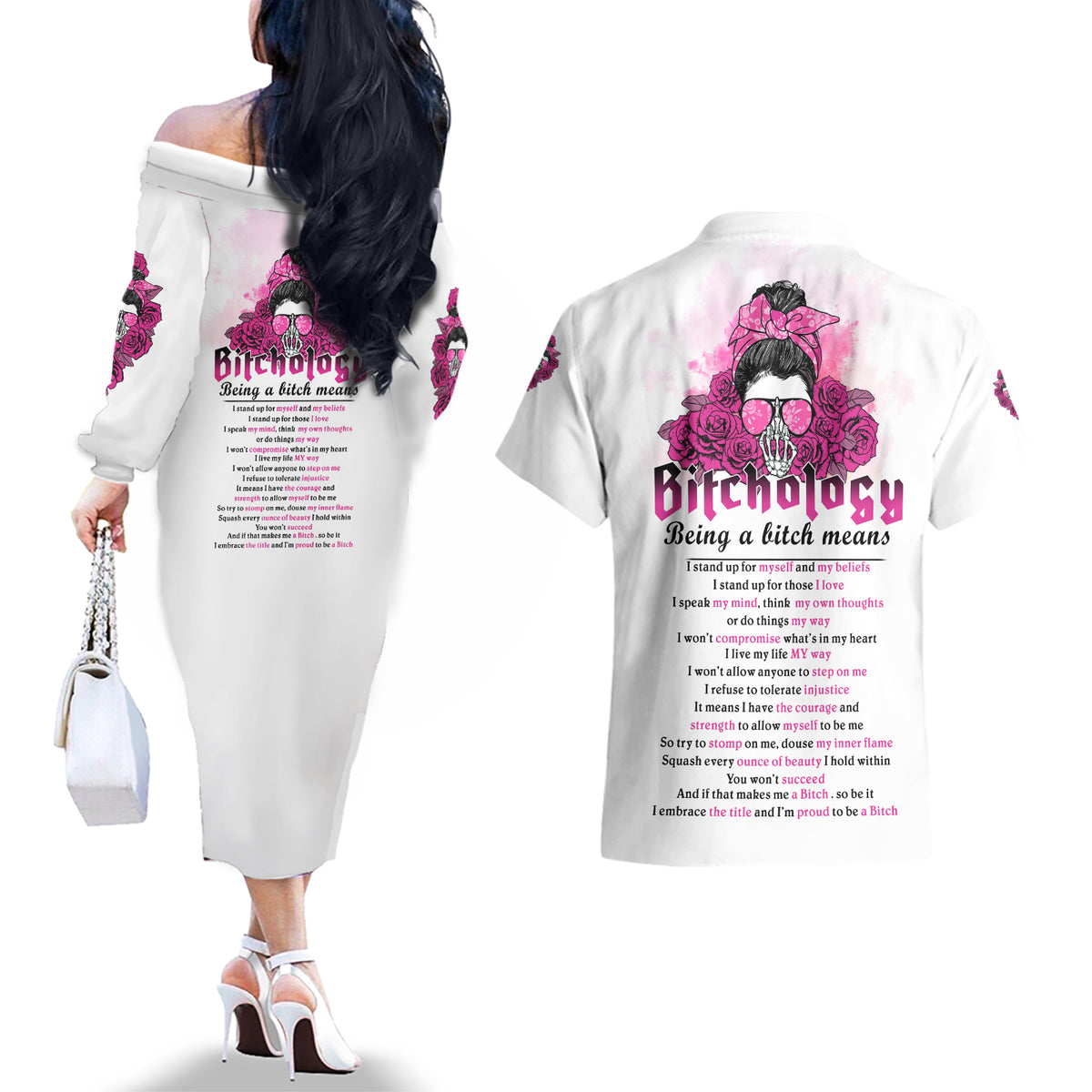 Bitchology Being A Bitch Means Couples Matching Off The Shoulder Long Sleeve Dress and Hawaiian Shirt - Wonder Print Shop