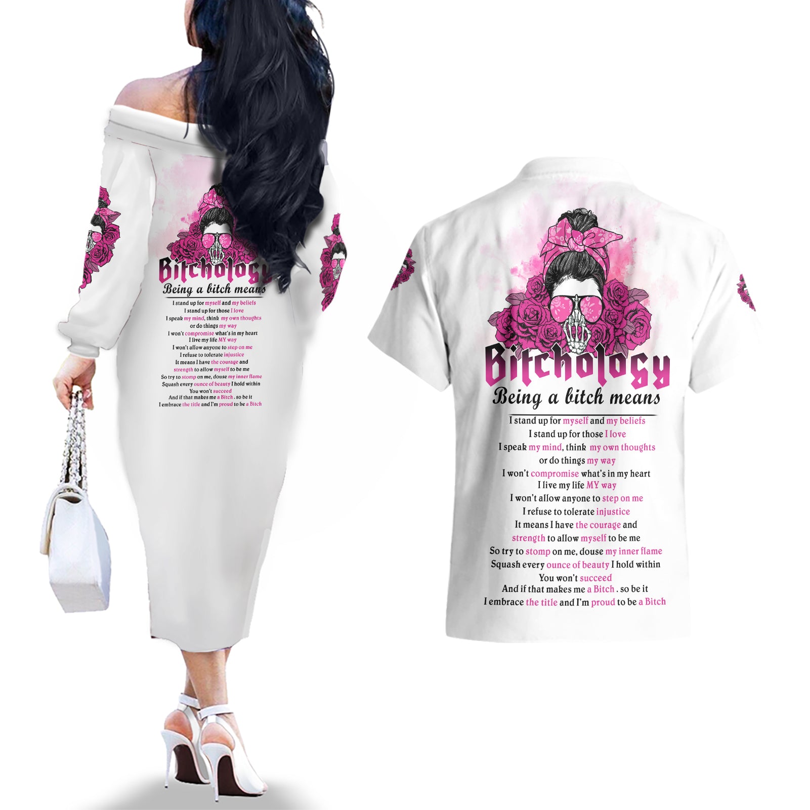 Bitchology Being A Bitch Means Couples Matching Off The Shoulder Long Sleeve Dress and Hawaiian Shirt - Wonder Print Shop