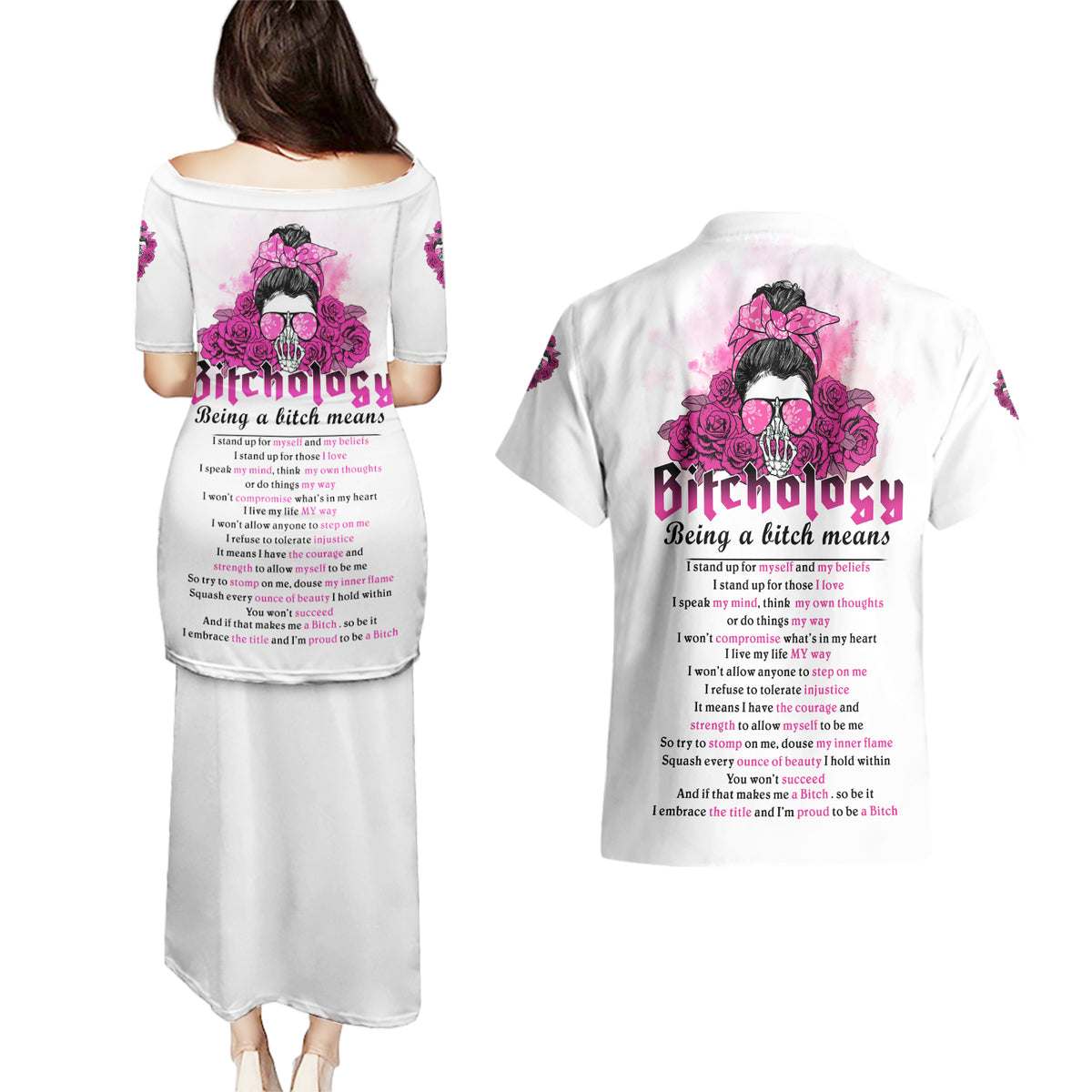 Bitchology Being A Bitch Means Couples Matching Puletasi Dress and Hawaiian Shirt - Wonder Print Shop