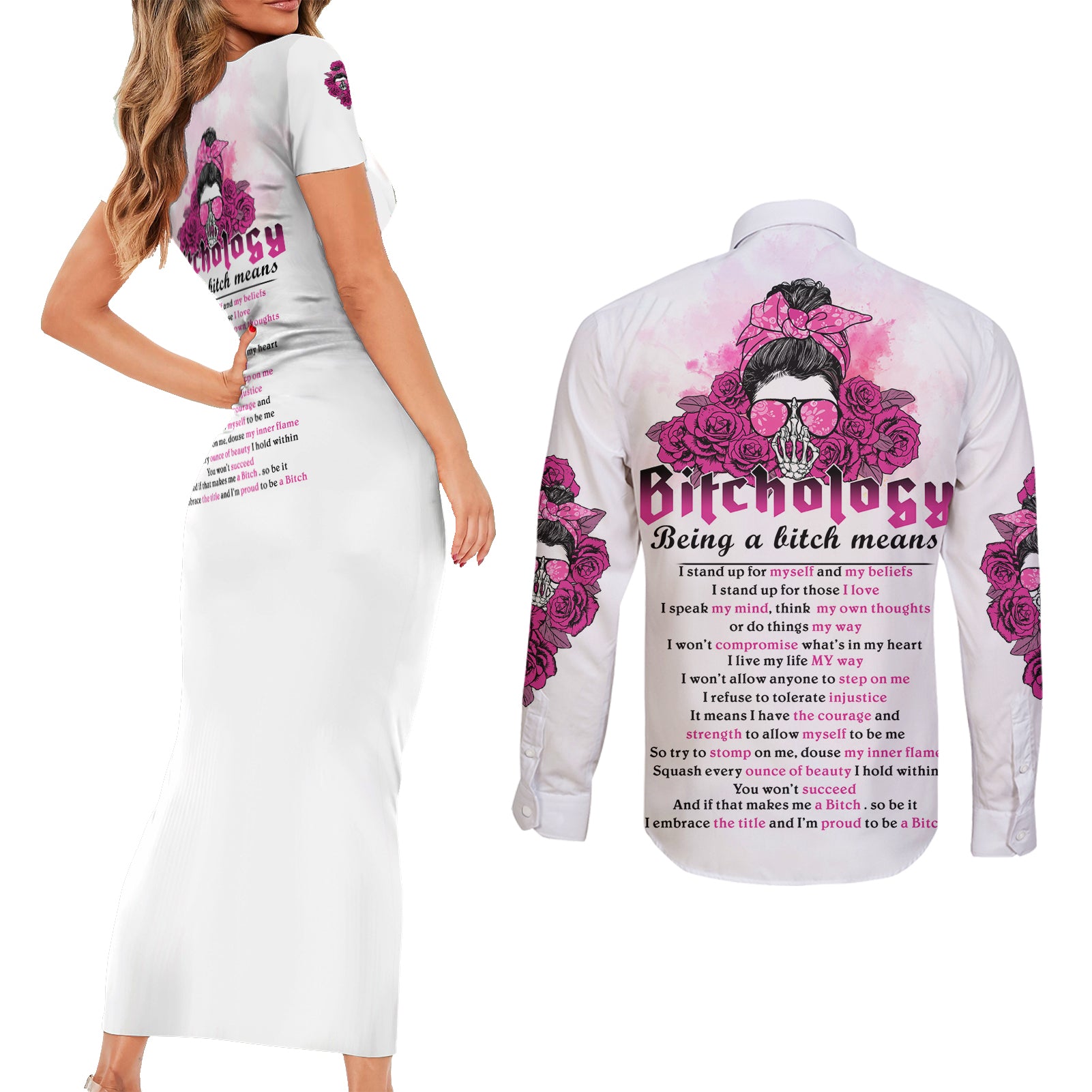 Bitchology Being A Bitch Means Couples Matching Short Sleeve Bodycon Dress and Long Sleeve Button Shirt - Wonder Print Shop