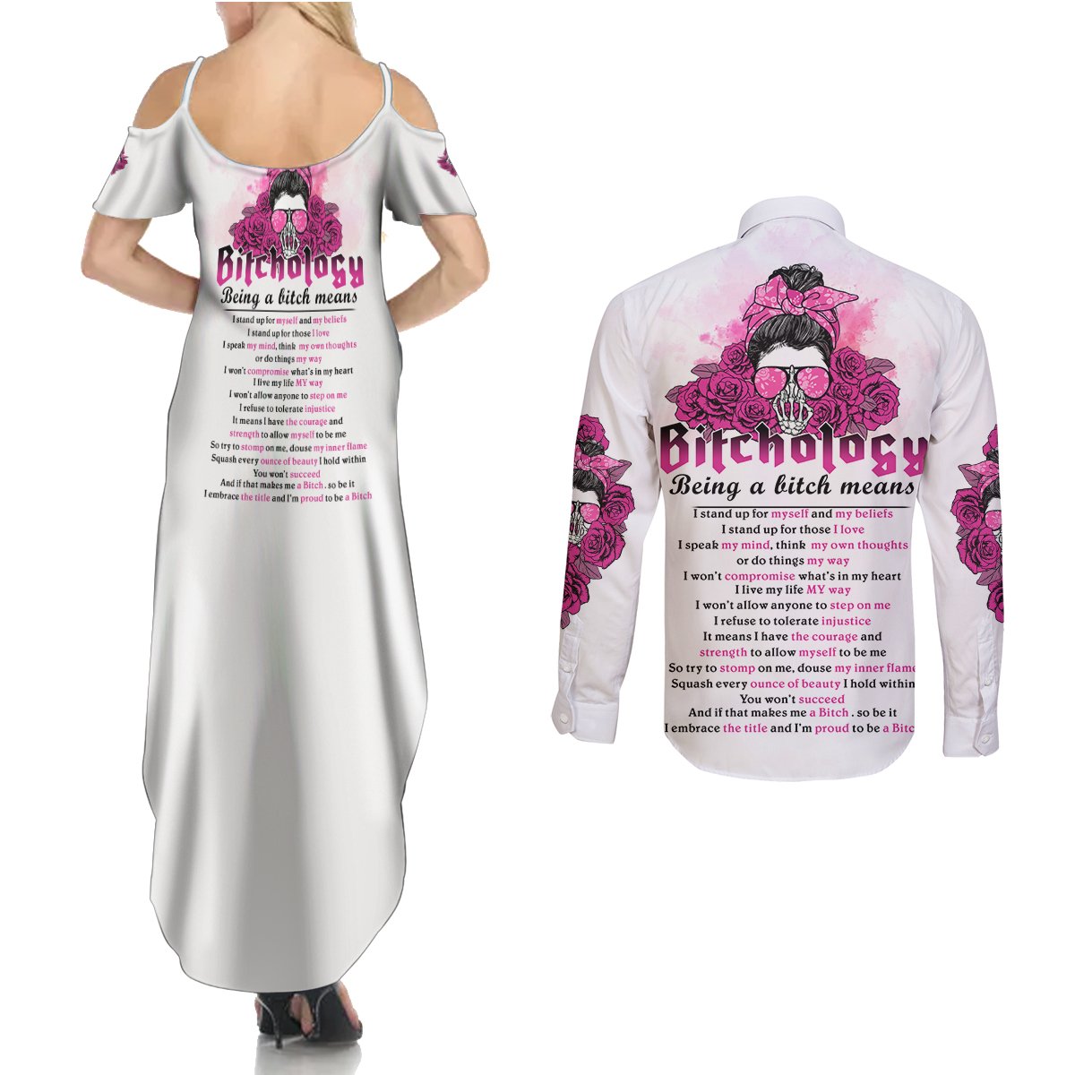 Bitchology Being A Bitch Means Couples Matching Summer Maxi Dress and Long Sleeve Button Shirt - Wonder Print Shop