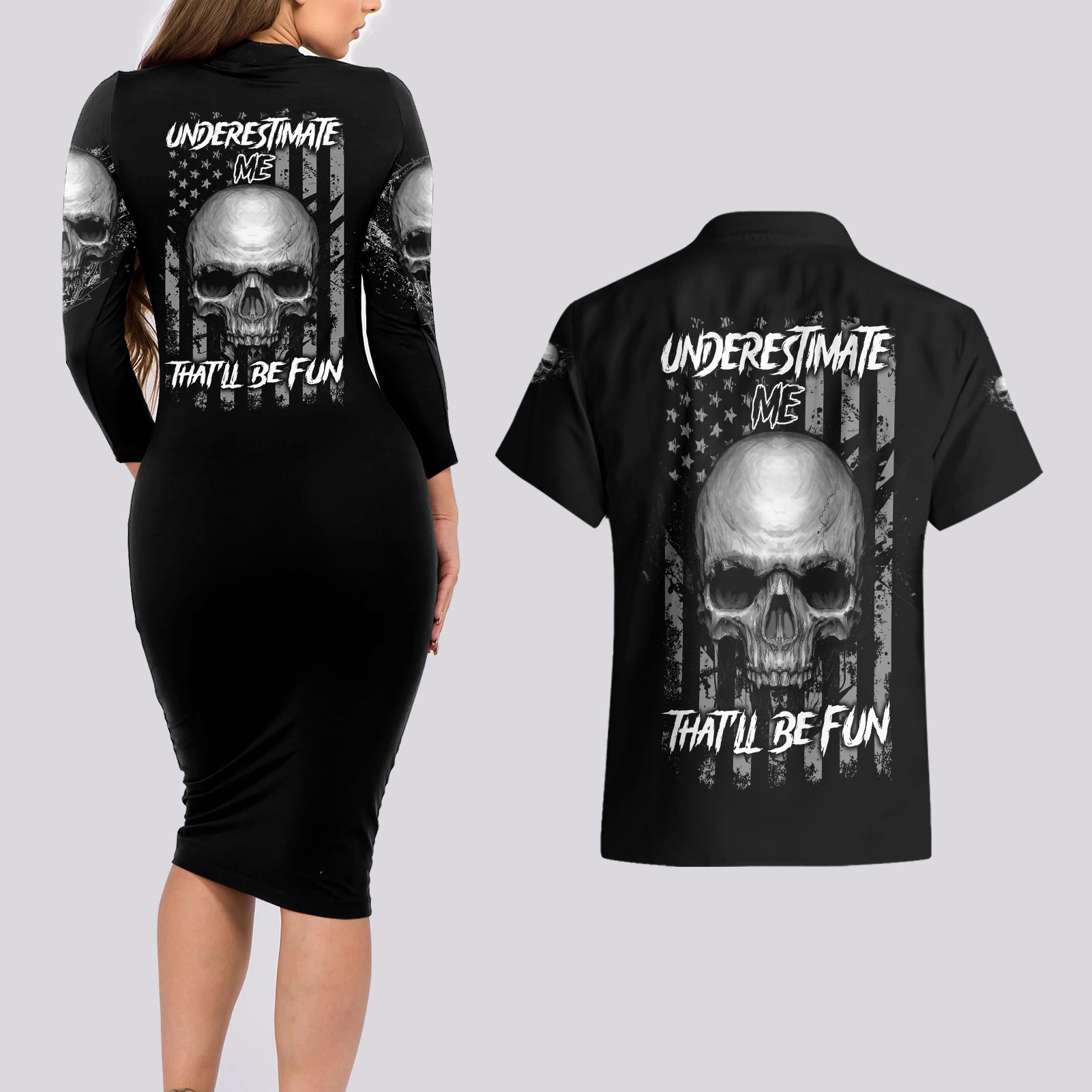 Underestimate Me That'll Be Fun Couples Matching Long Sleeve Bodycon Dress and Hawaiian Shirt - Wonder Print Shop