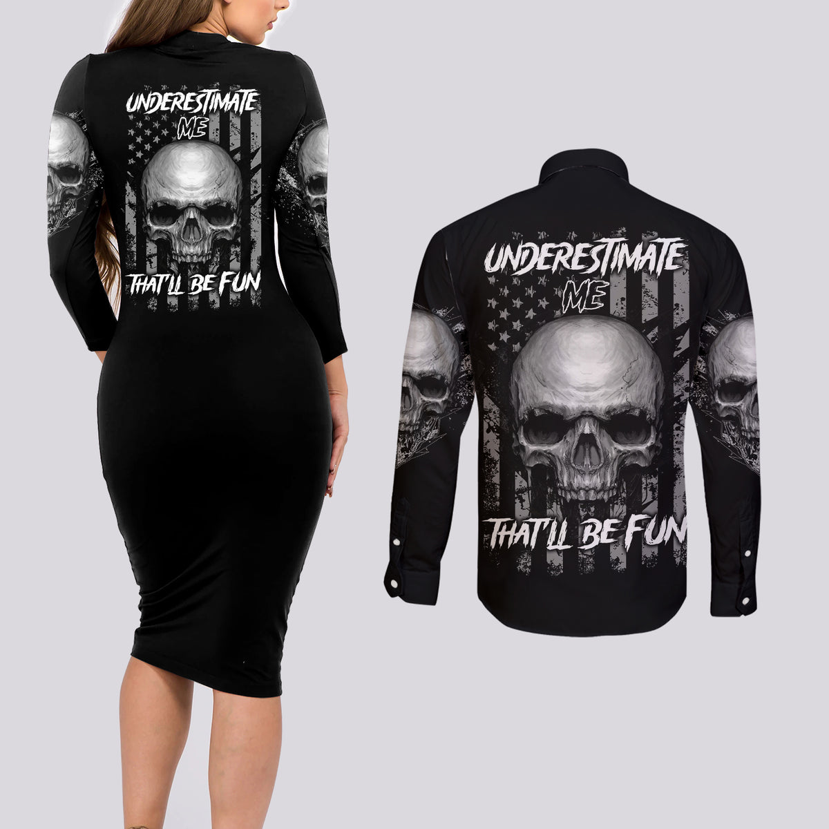 Underestimate Me That'll Be Fun Couples Matching Long Sleeve Bodycon Dress and Long Sleeve Button Shirt - Wonder Print Shop