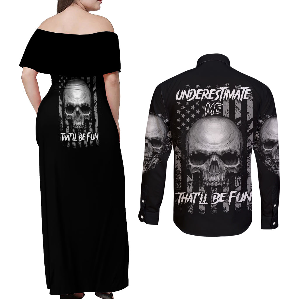 Underestimate Me That'll Be Fun Couples Matching Off Shoulder Maxi Dress and Long Sleeve Button Shirt - Wonder Print Shop
