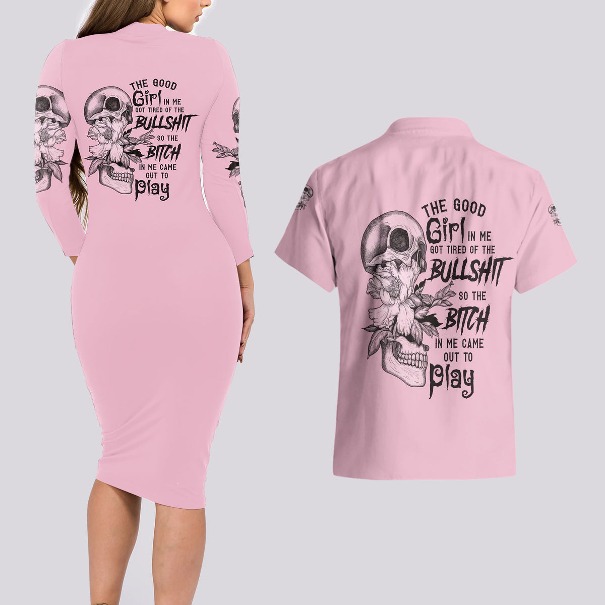 The Good Girl In Me Got Tired Skull Couples Matching Long Sleeve Bodycon Dress and Hawaiian Shirt - Wonder Print Shop