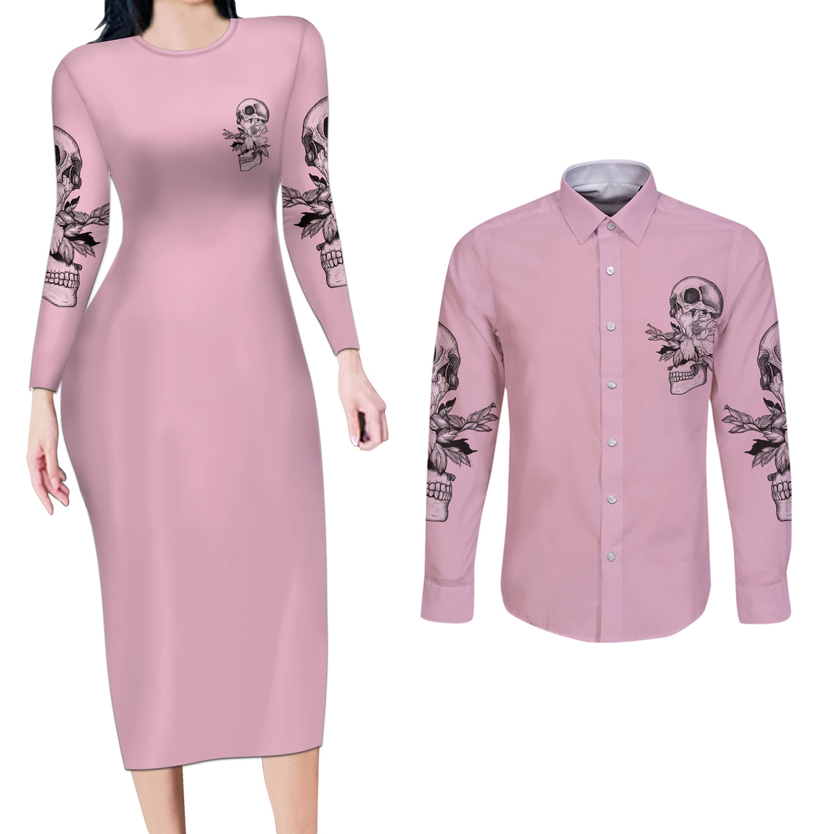 The Good Girl In Me Got Tired Skull Couples Matching Long Sleeve Bodycon Dress and Long Sleeve Button Shirt - Wonder Print Shop