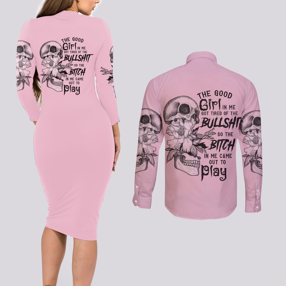 The Good Girl In Me Got Tired Skull Couples Matching Long Sleeve Bodycon Dress and Long Sleeve Button Shirt - Wonder Print Shop