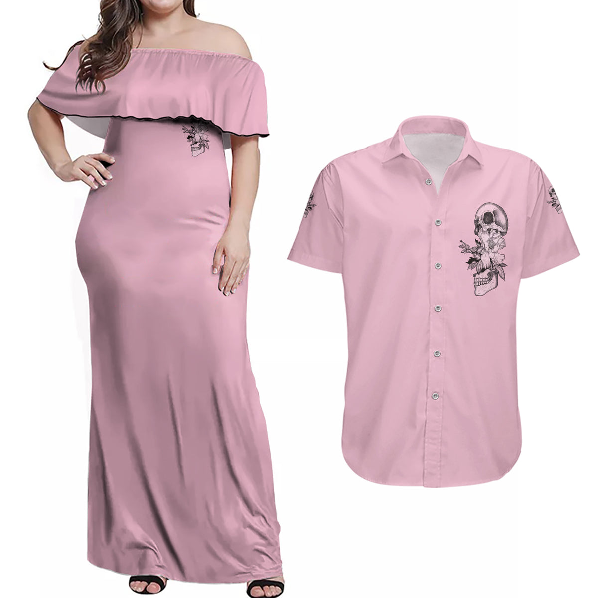 The Good Girl In Me Got Tired Skull Couples Matching Off Shoulder Maxi Dress and Hawaiian Shirt - Wonder Print Shop