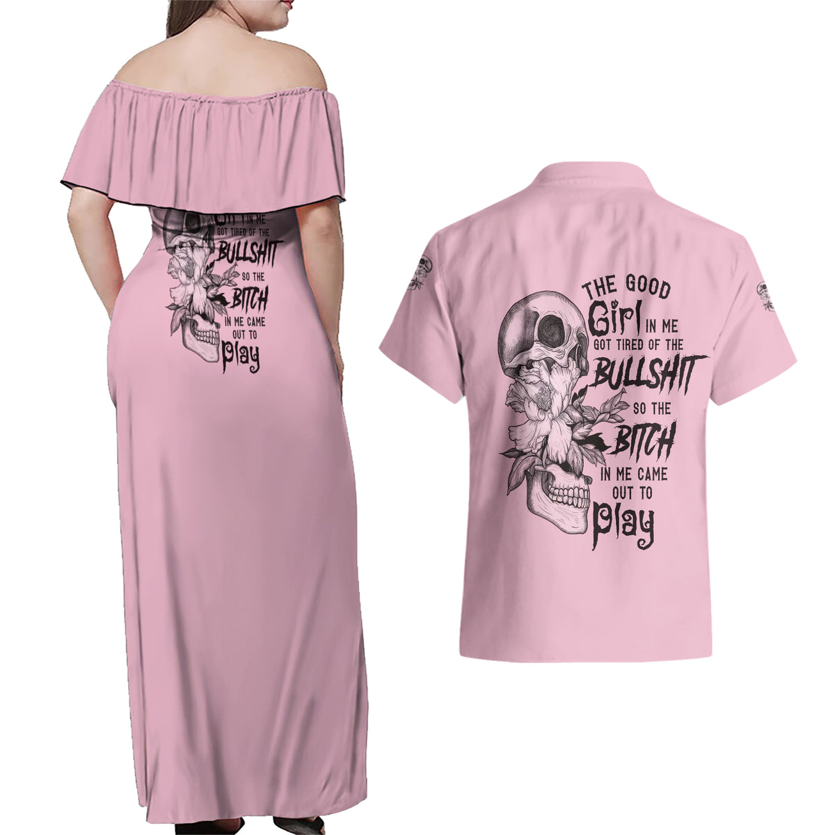 The Good Girl In Me Got Tired Skull Couples Matching Off Shoulder Maxi Dress and Hawaiian Shirt - Wonder Print Shop